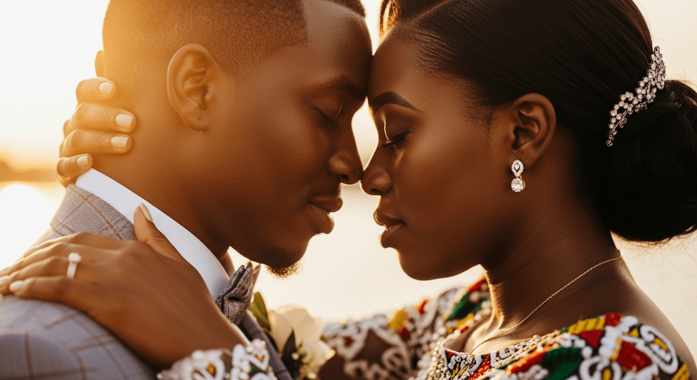 Couple africain enlacé le jour de leur mariage